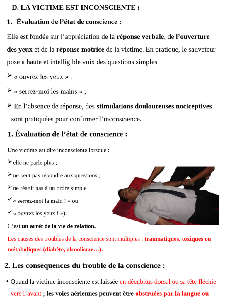 Prise en charge d'une victime inconsciente | PDF | Spécialités ...
