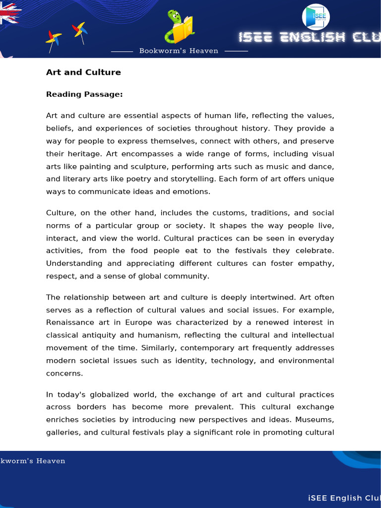 Bookworm's Heaven Topic 7 Art and Culture | PDF