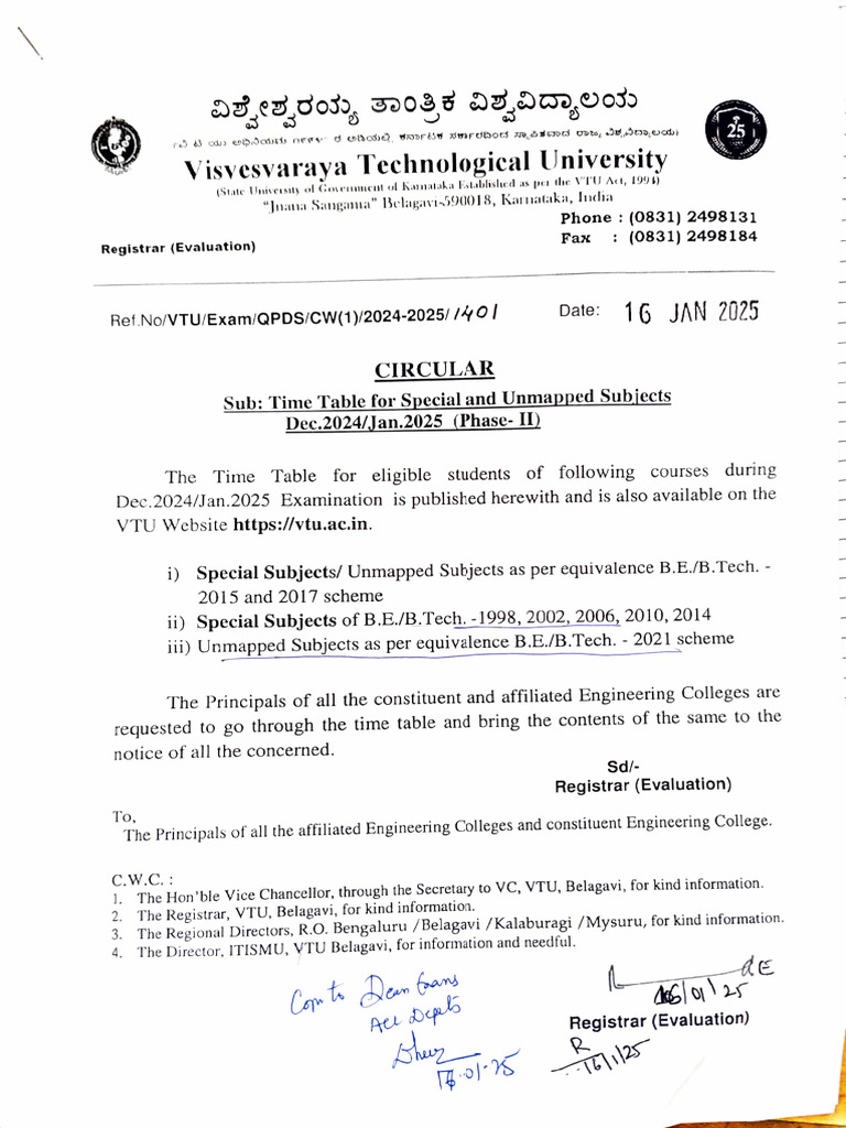 VTU 2025 1st Sem Exam Time Table | PDF