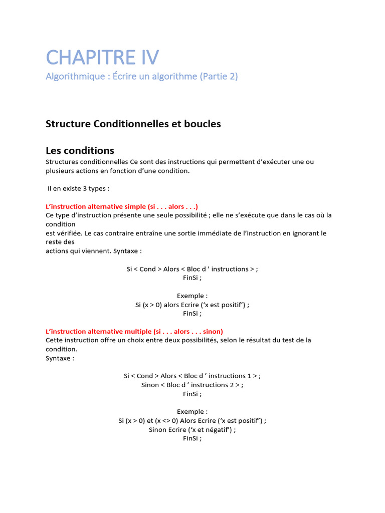 Structures conditionnelles et boucles en algorithme | PDF | Structure ...