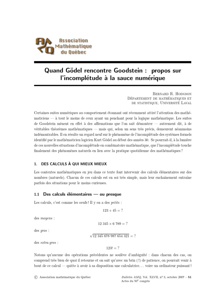 Incomplétude et suites de Goodstein | PDF | Logique mathématique ...