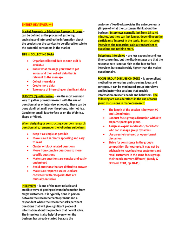 ENTREP REVIEWER M4 | PDF | Focus Group | Questionnaire