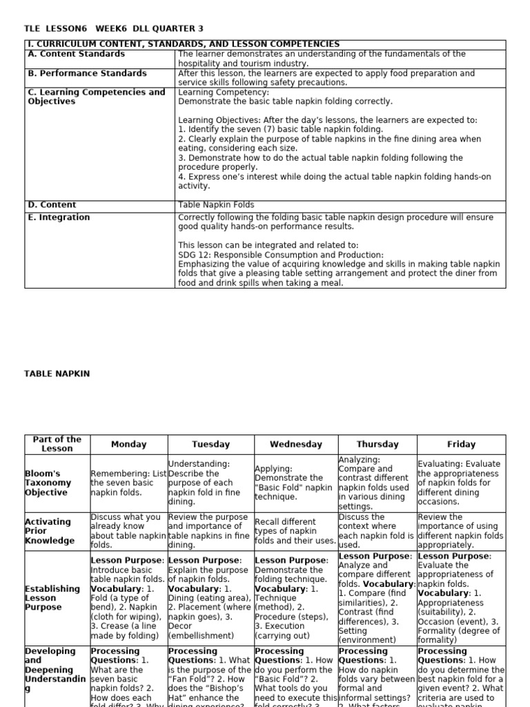 Tle Lesson 1 Week 6 DLL Quarter 3 | PDF | Learning | Multiple Choice