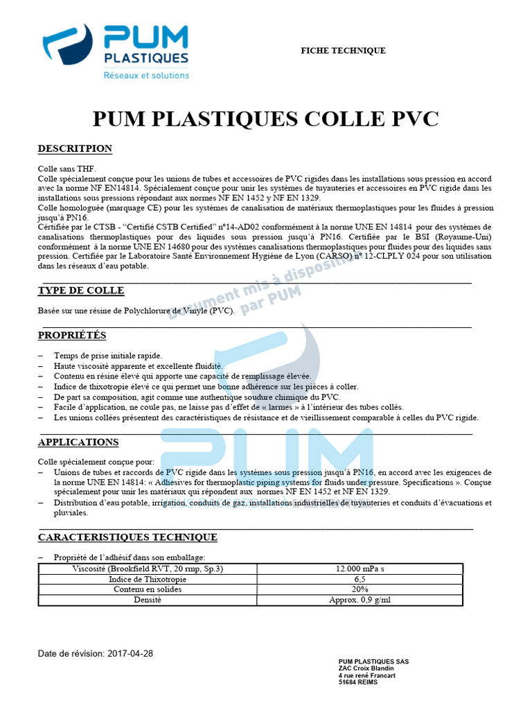 Colle PVC PUM pour Tuyauteries sous Pression | PDF | Tuyau ...