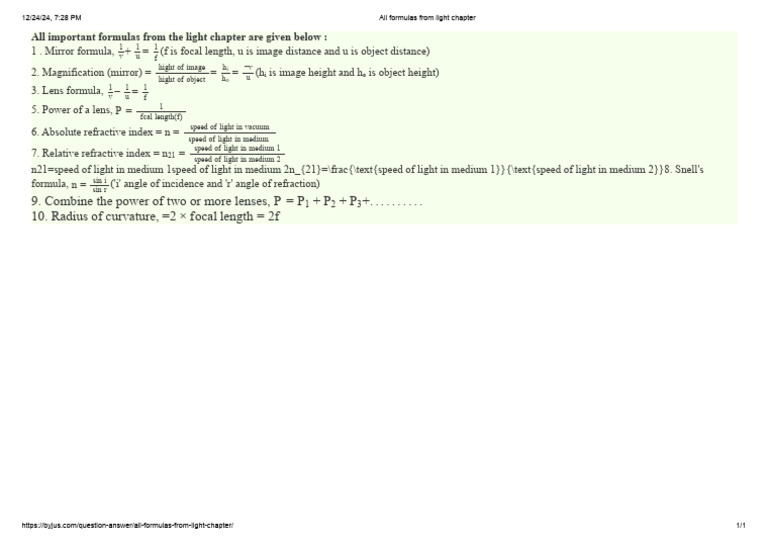 Class 10 Light Formulas Overview | PDF