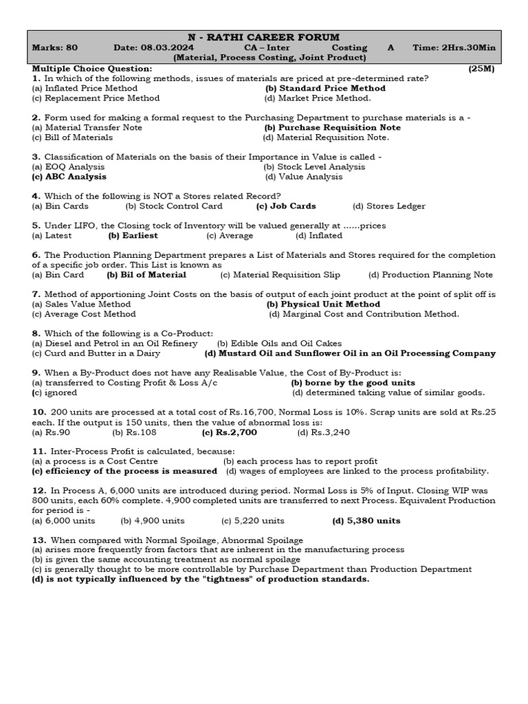 CA Inter Costing MCQs and Solutions | PDF | Cost | Profit (Economics)