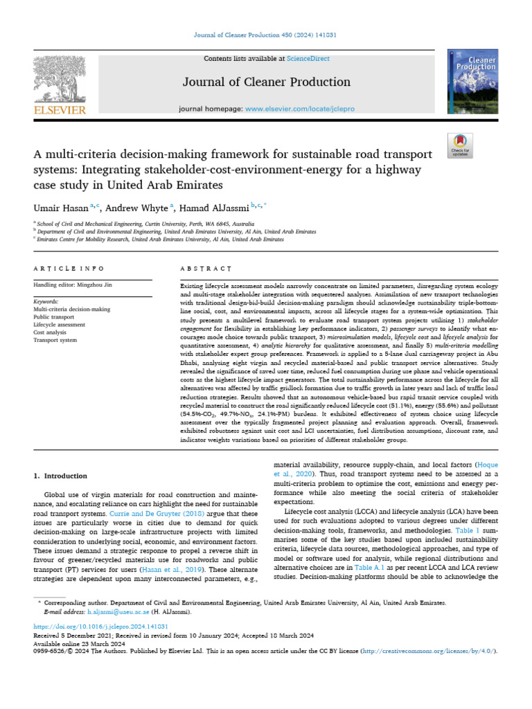 Sustainable Road Transport Decision Framework | PDF | Life Cycle Assessment
