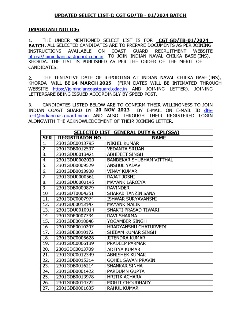 Selection List-I Asst Comdt 01-2024 2 | PDF