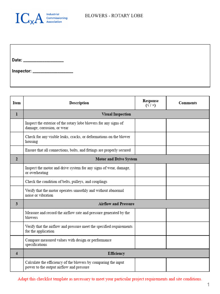 Rotary Lobe Blower Inspection Checklist | PDF | Mechanical Engineering