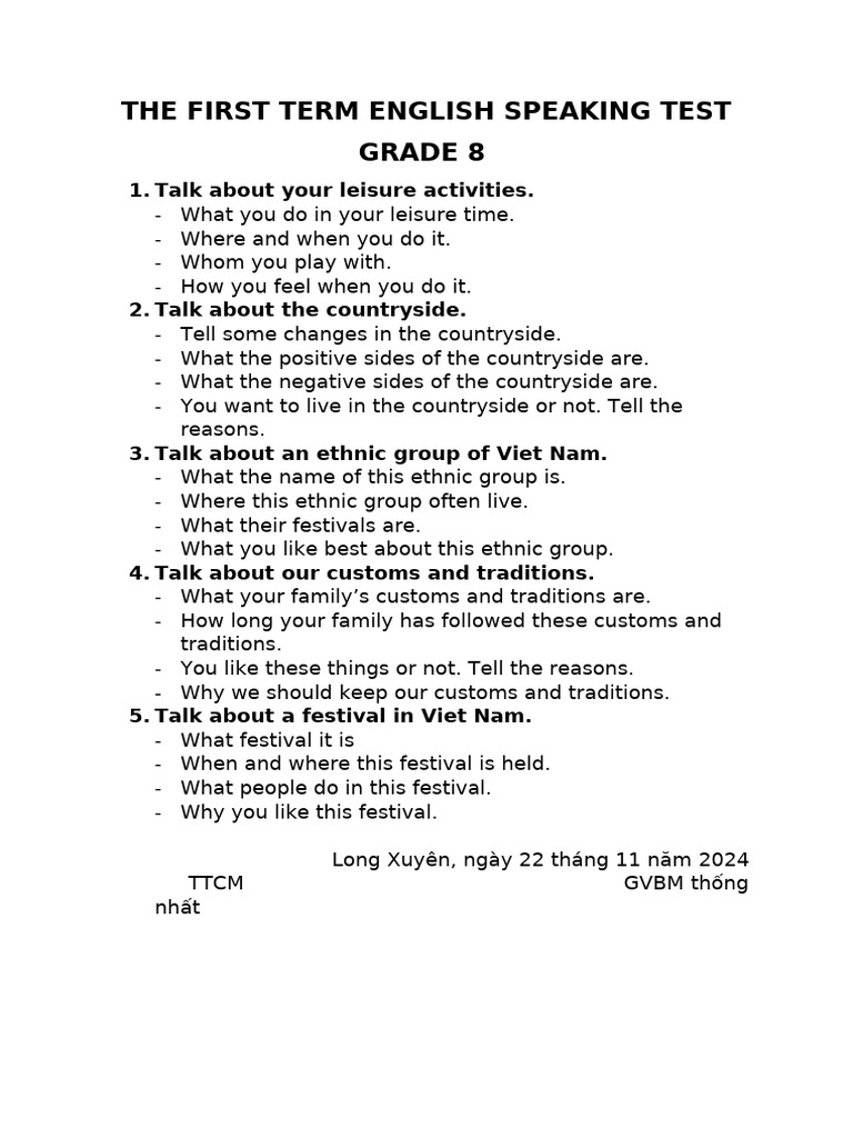 Grade 8 English Speaking Test Guide | PDF