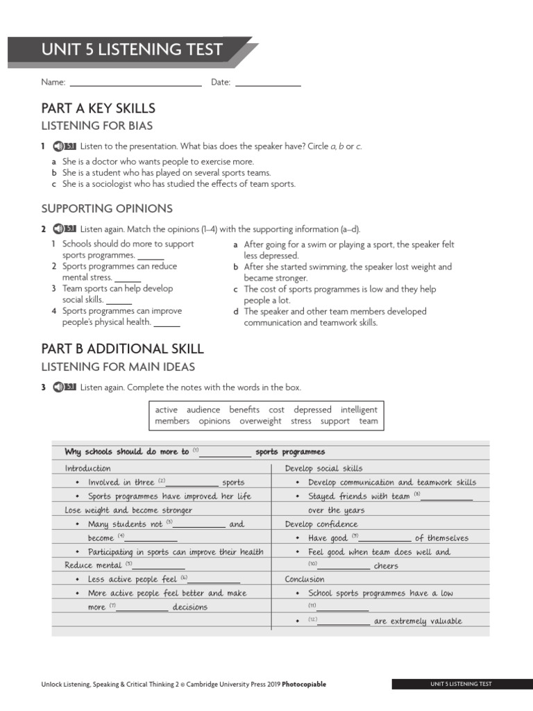 Listening and Language Test Unit 5 | PDF | Sports