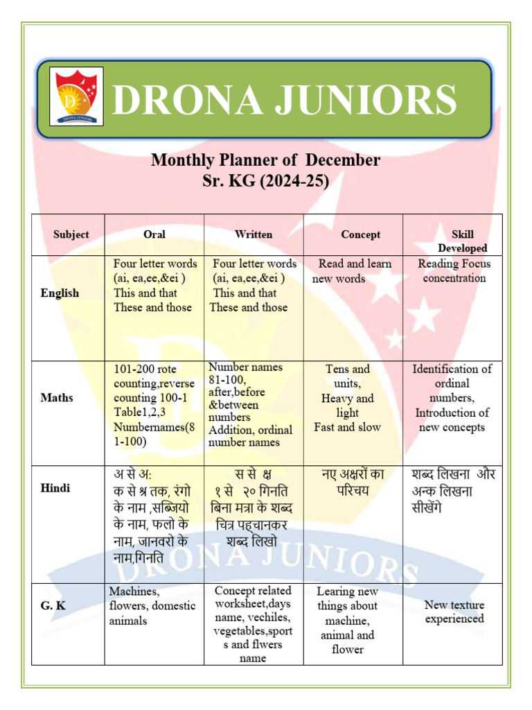 December Monthly Planner for Sr. KG | PDF