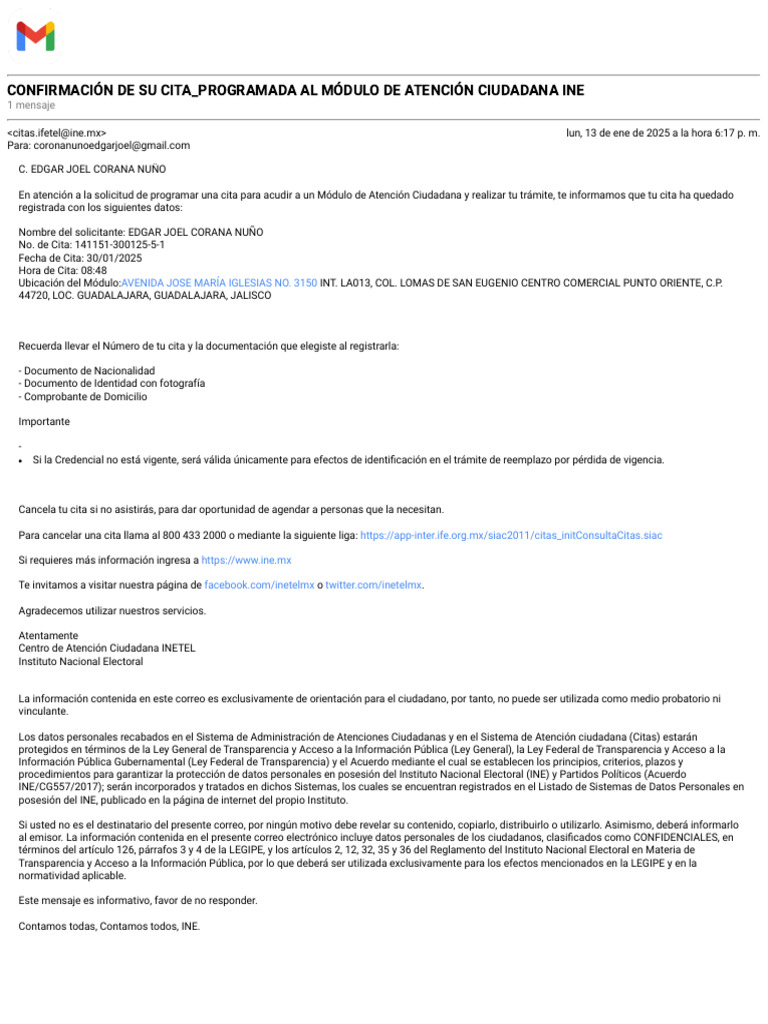 Confirmación de Cita en Módulo INE | PDF