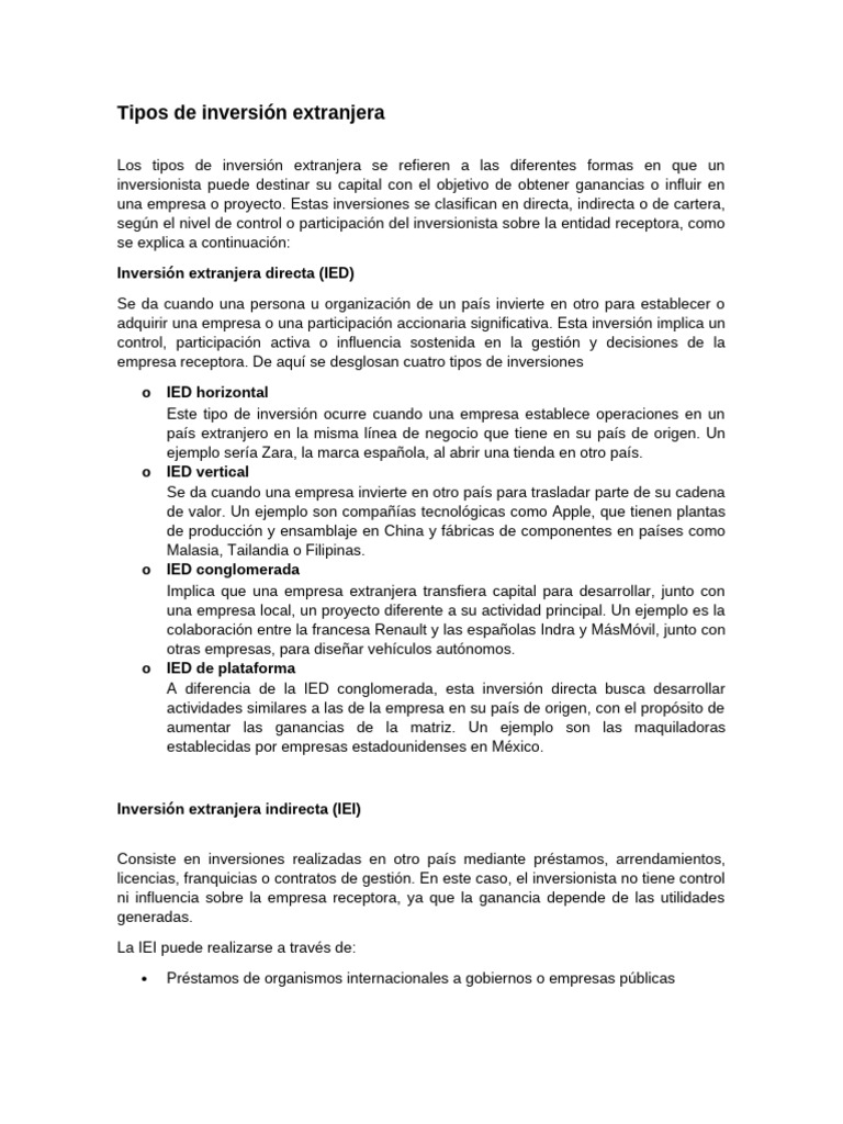 Tipos de inversión extranjera directa | PDF | Inversiones | La ...