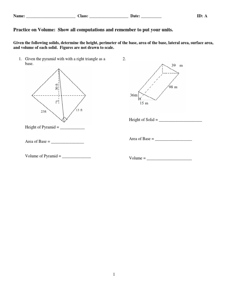 Volume Calculation Practice Worksheet | PDF | Surface Area | Volume