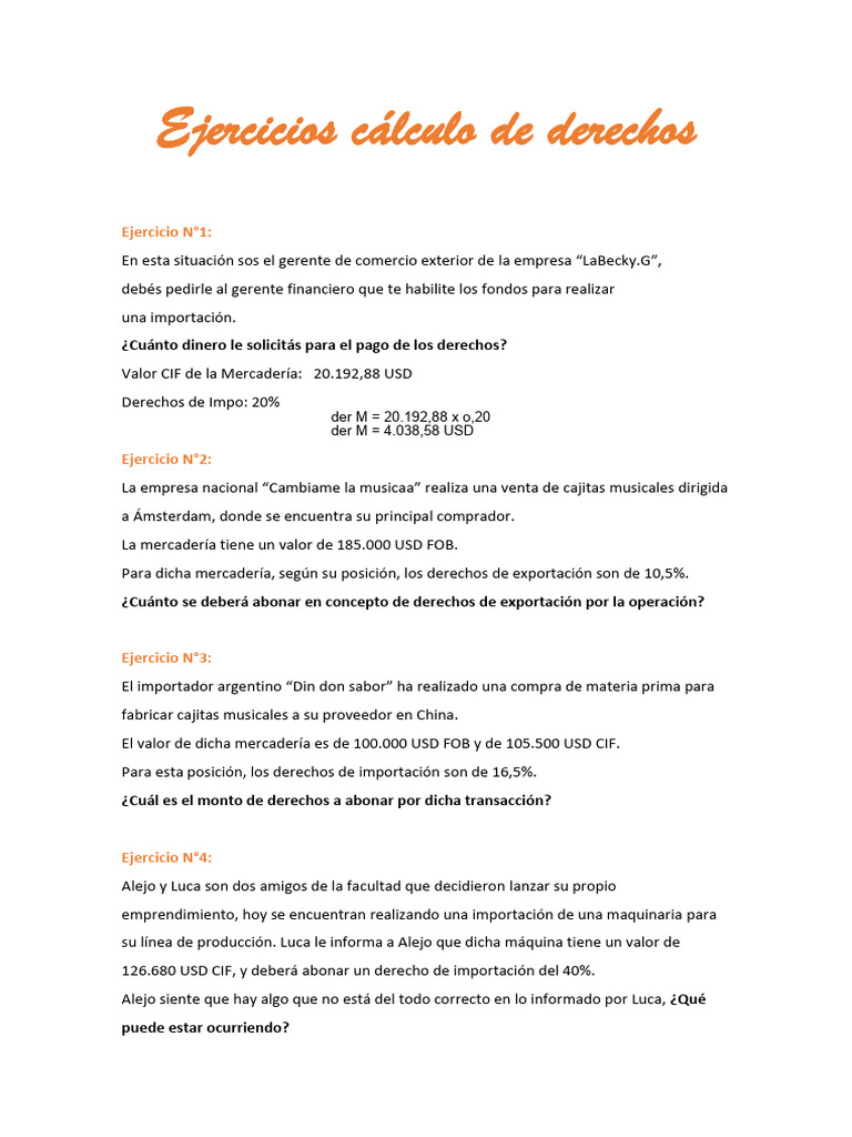 Ejercicios de Cálculo de Derechos de Importación y Exportación | PDF ...