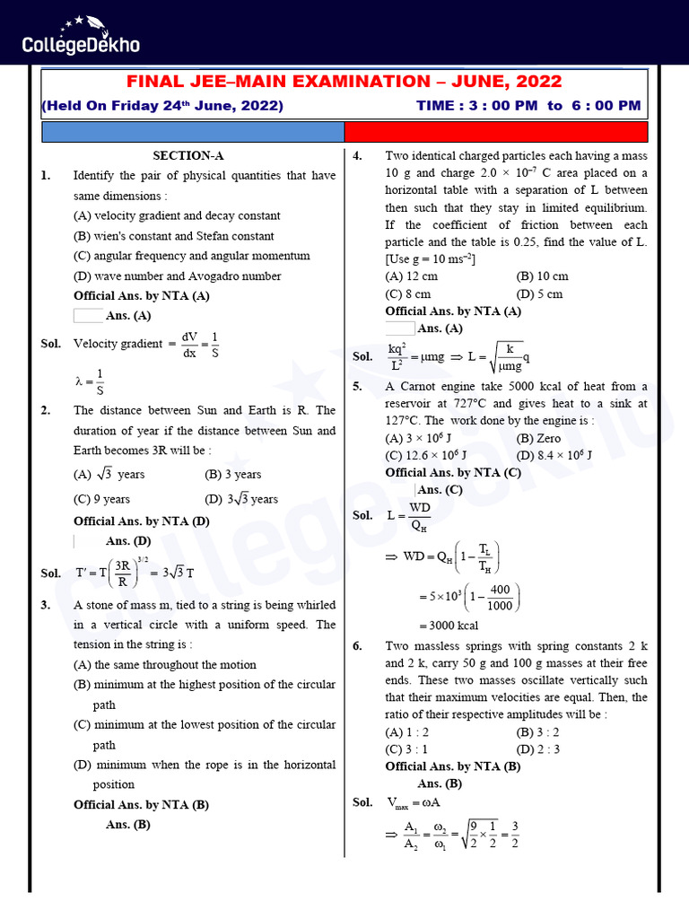 JEE Main June 2022 Physics Solutions | PDF | Series And Parallel ...