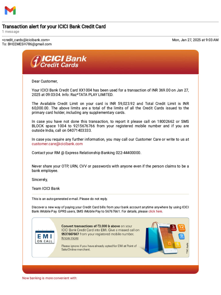 ICICI Credit Card Transaction Alert | PDF
