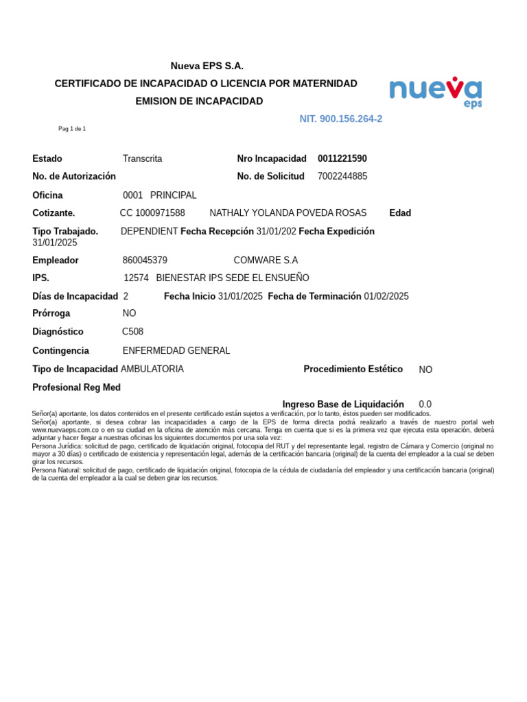 Certificado de Incapacidad Nueva EPS | PDF
