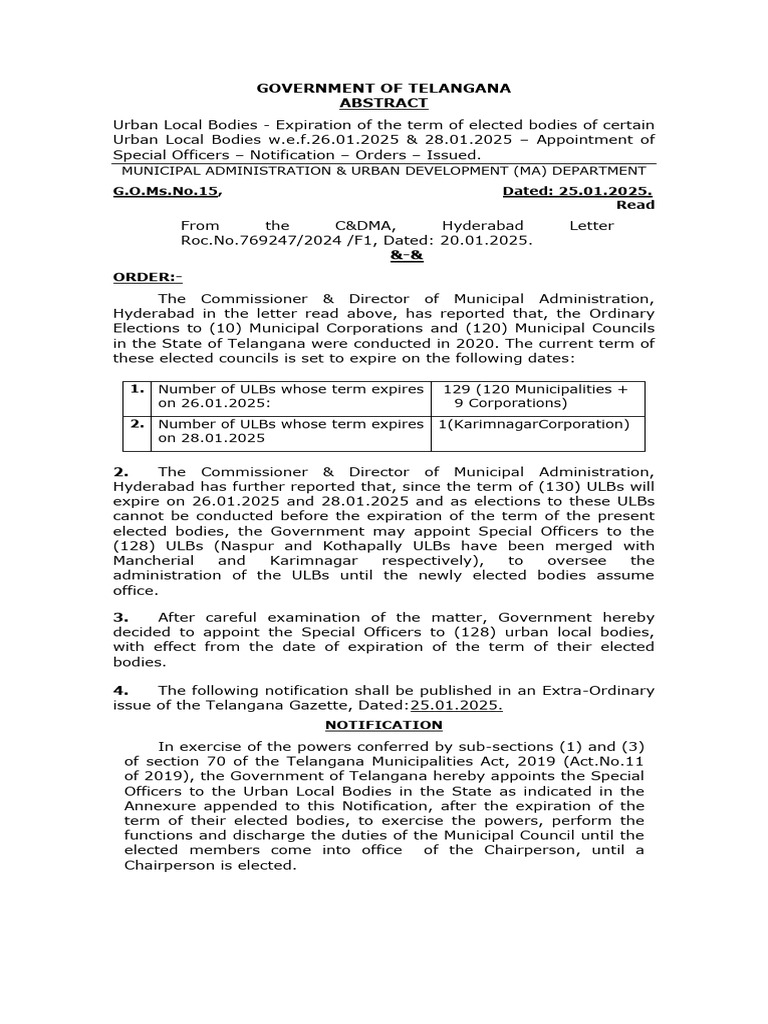 Telangana ULB Special Officers Appointment | PDF | Government Of India ...
