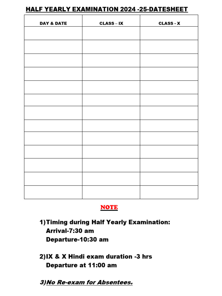 Class IX Half Yearly Exam Datesheet 2024-25 | PDF