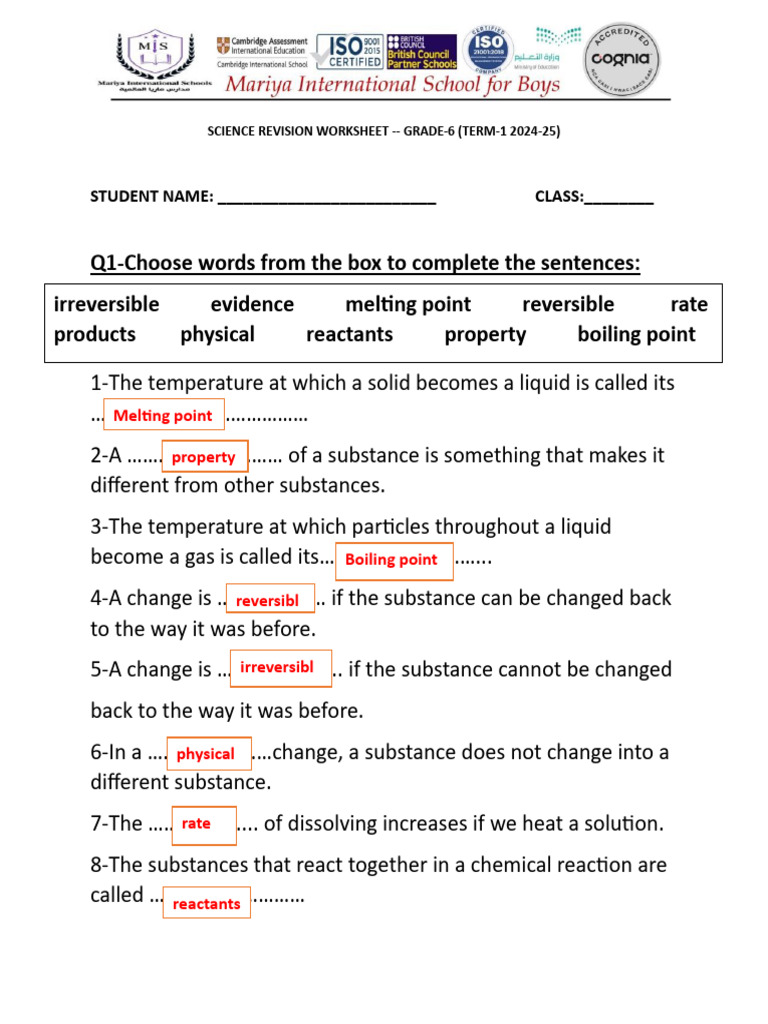 Grade 6 Science Revision Worksheet | PDF | Evaporation | Blood Vessel