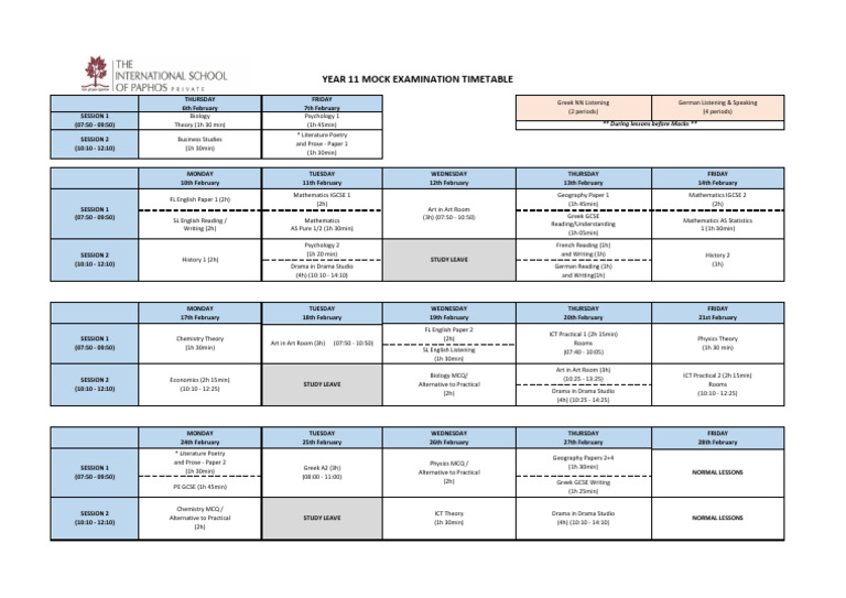 Year 11 Mock Exam Schedule 2025 | PDF