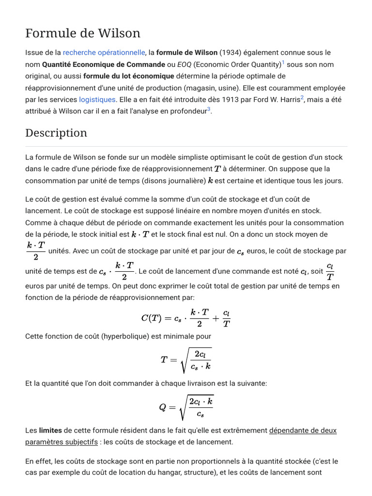 La Formule de Wilson en Gestion des Stocks | PDF | Mathématiques ...
