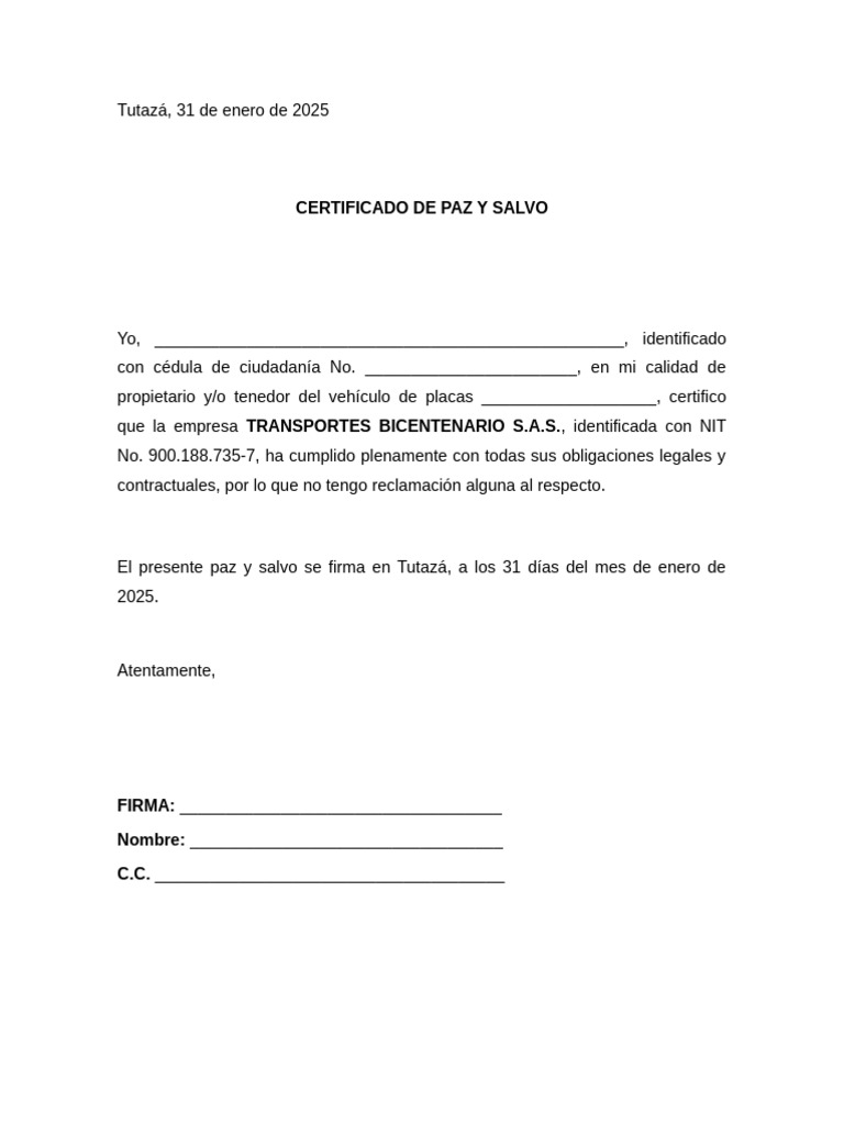 Certificado de Paz y Salvo 2025 | PDF