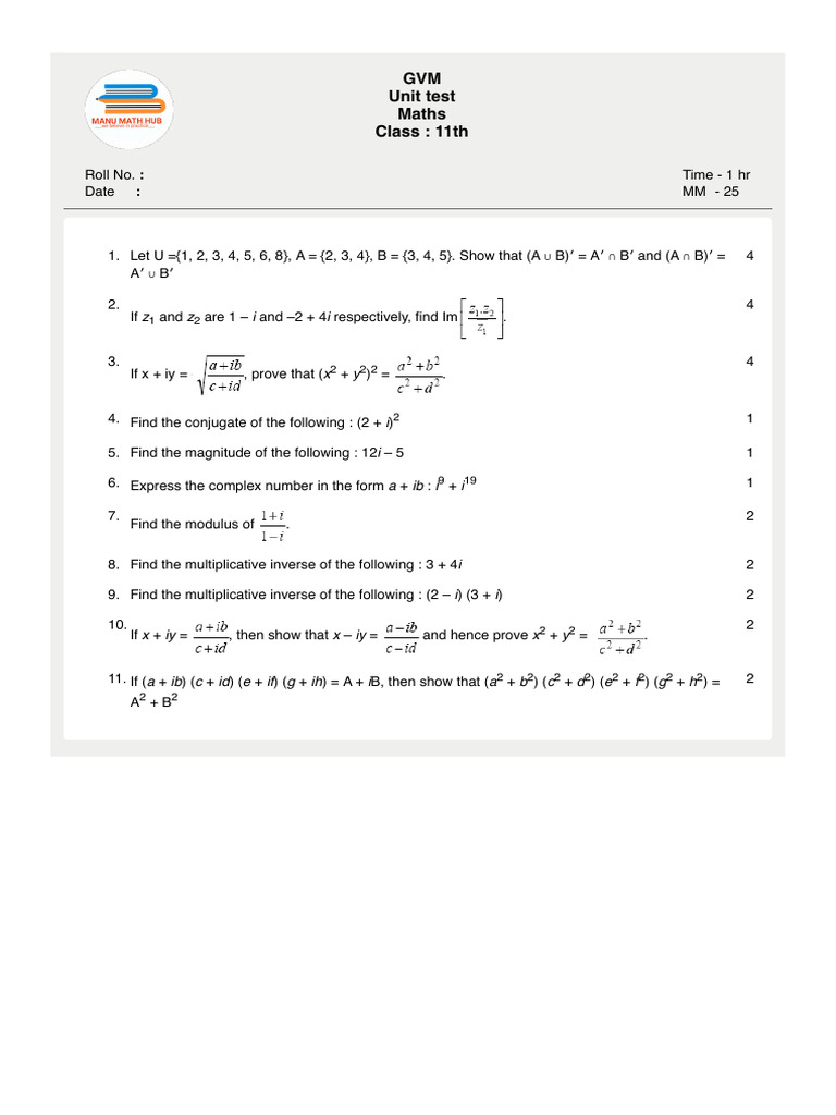 Class 11 Maths Unit Test on Complex Numbers | PDF