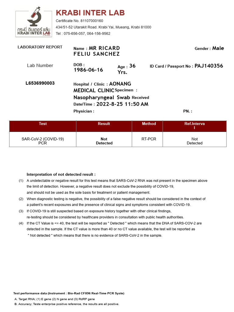 COVID-19 PCR Test Result Report | PDF | Clinical Medicine | Health Care