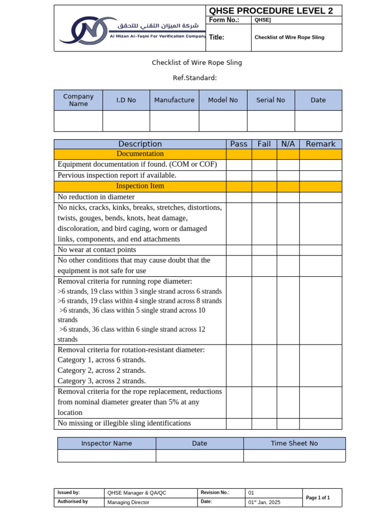 Wire Rope Sling Inspection Checklist | PDF