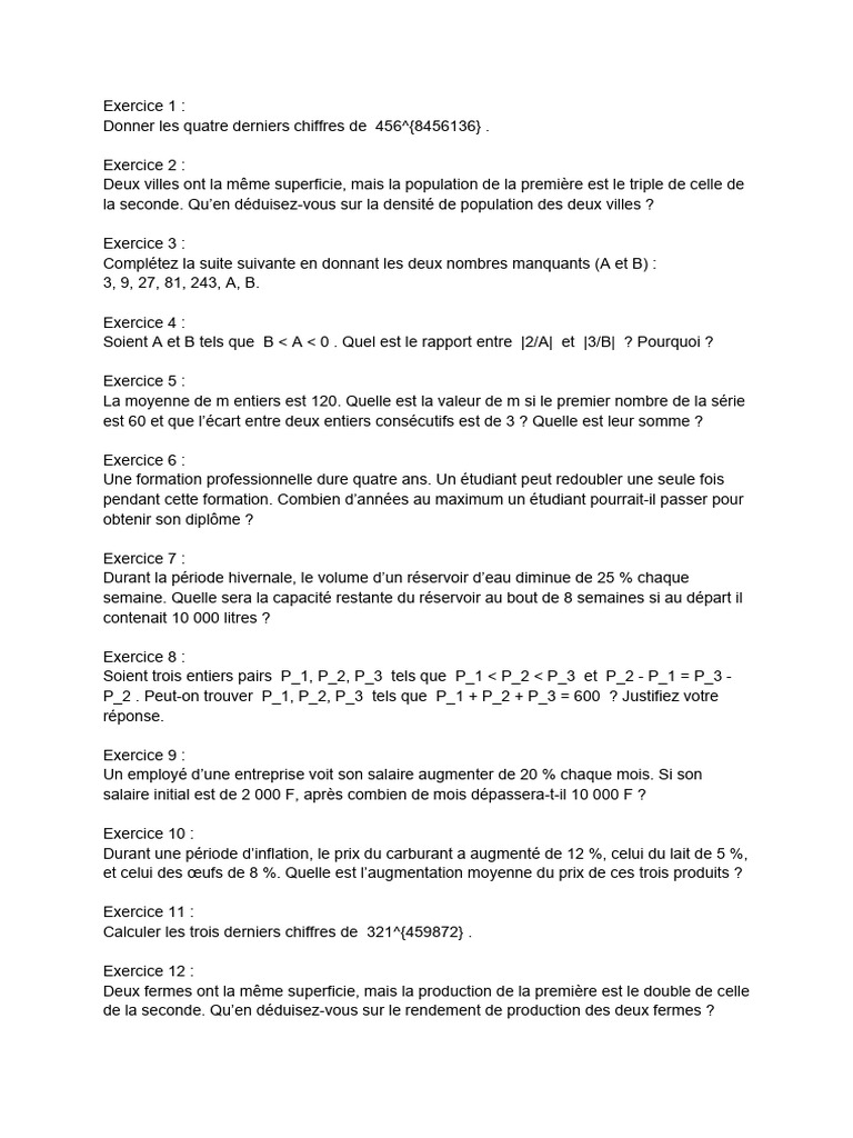 Exercices de mathématiques variés | PDF