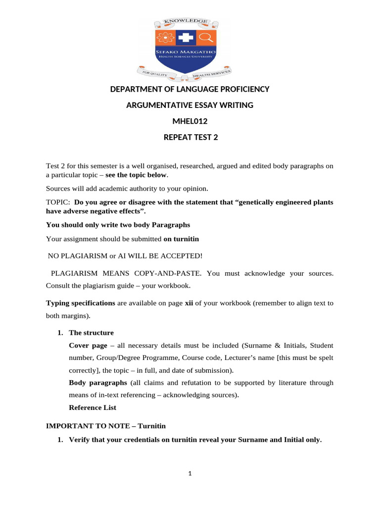 Repeat Test 2 Topic and Instruction For Argumentative Body Paragraphs | PDF