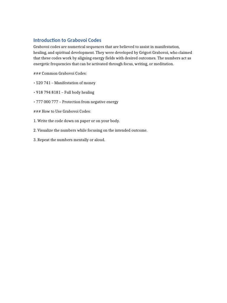 Grabovoi Codes for Healing and Manifestation | PDF