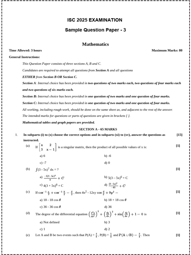 ISC 2025 Mathematics Sample Paper | PDF | Determinant | Matrix ...