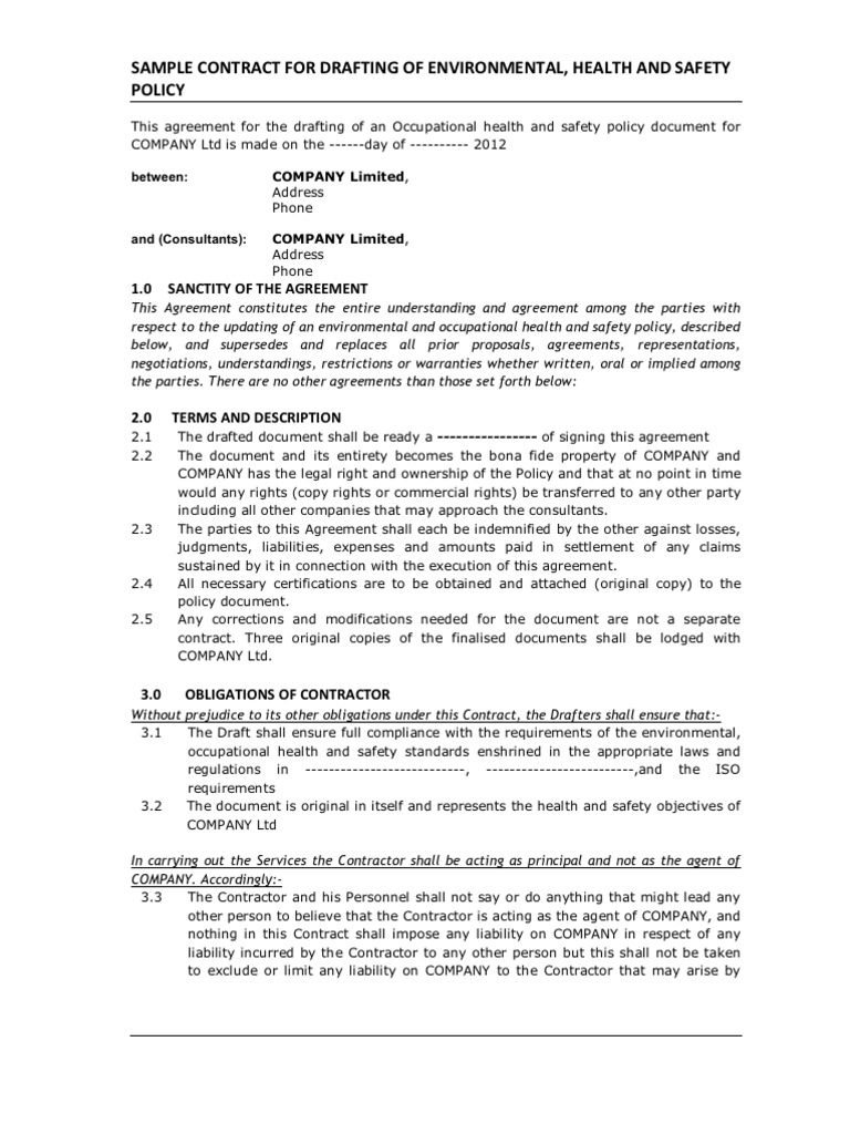Sample Contract For Drafting of Environmental, Health and Safety Policy ...