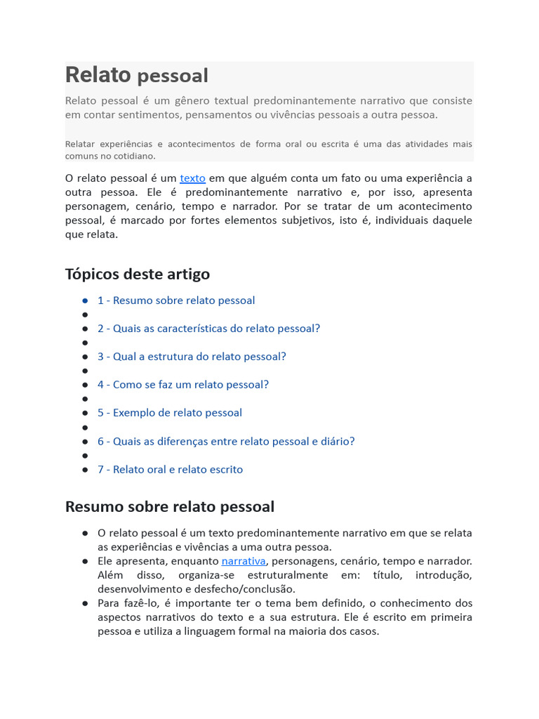 Guia Completo sobre Relato Pessoal | PDF | Experiência | Narrativa