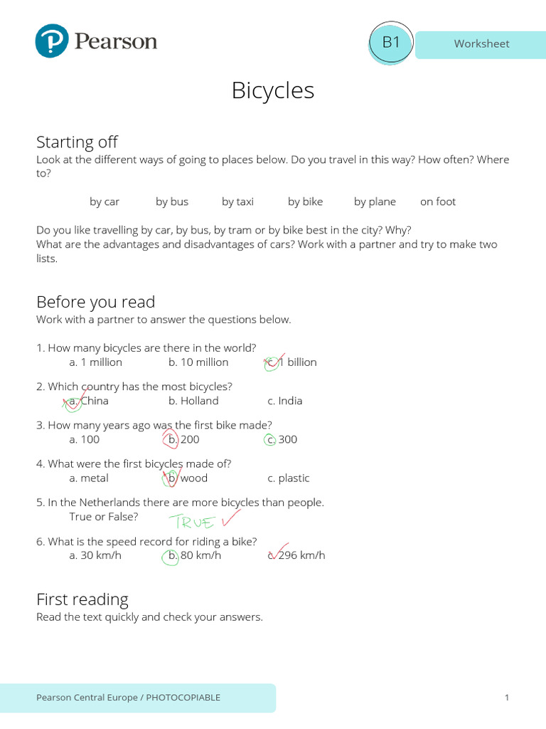 b1 Teenagers Adults Bicycles Lesson Plan Worksheet PDF Human Powered Transport Aerobic
