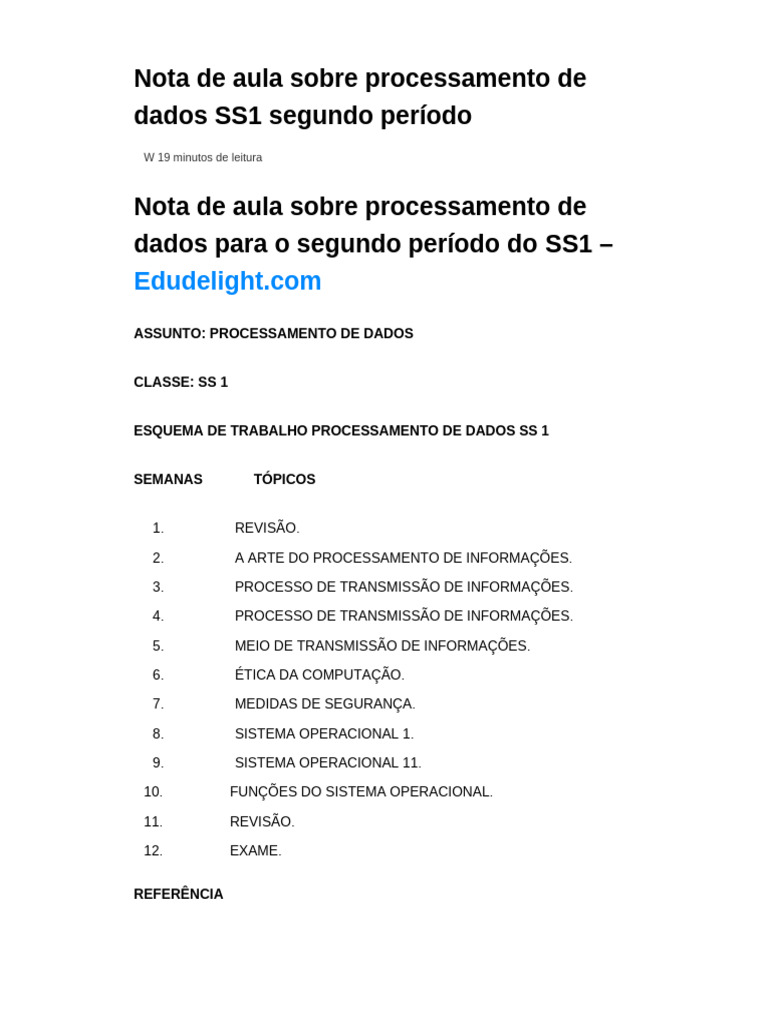 Nota de Aula Sobre Processamento de Dados SS1 Segundo Trimestre | PDF ...