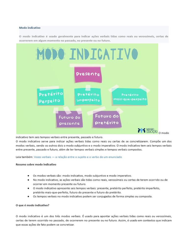 Modo Indicativo: Definição e Tempos | PDF | Conjugação gramática ...