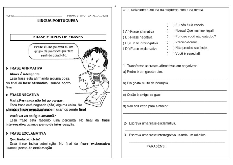Atividades sobre Tipos de Frases 3º Ano | PDF