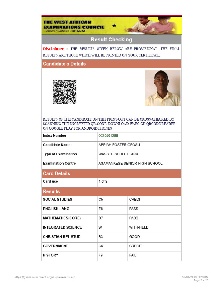WASSCE 2024 Results for Appiah Foster | PDF