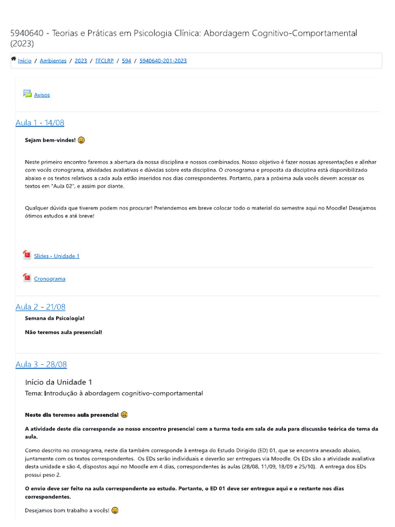 Moodle Disciplina USP - Datas e Recados Da Professora | PDF