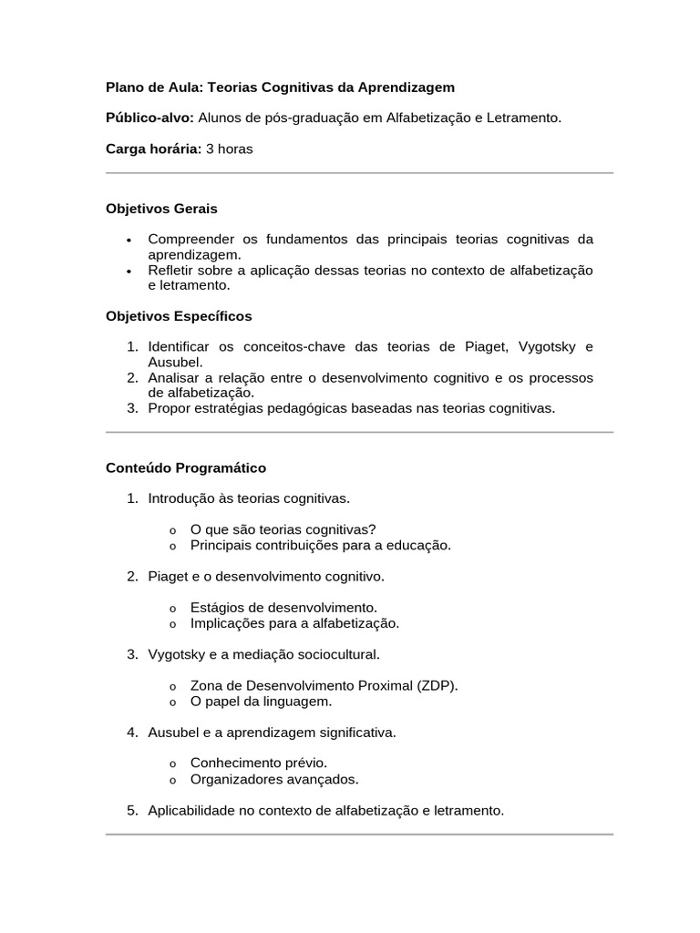 Teorias Cognitivas na Aprendizagem | PDF | Alfabetização | Aprendizado