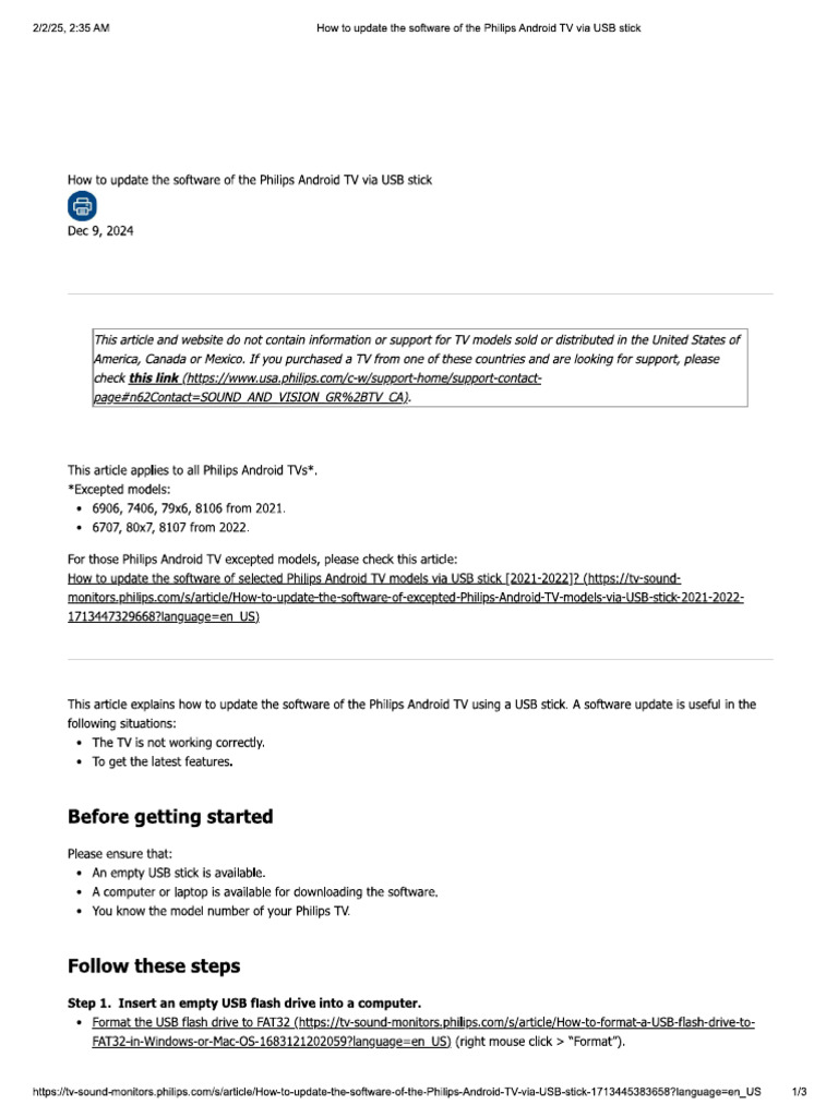 How To Update The Software of The Philips Android TV Via USB Stick | PDF