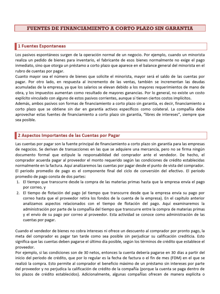 1 Fuentes de Financiamiento A CP Sin Garantia E | PDF | Préstamos | Bancos