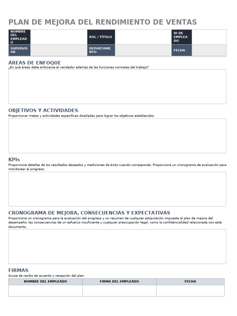 Plantilla PIP para Mejora de Ventas | PDF
