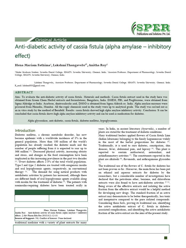 Anti Diabetic Activity of Cassia Fistula Alpha Amylase Inhibitory ...