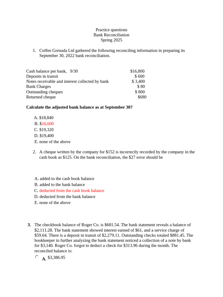 Bank Reconciliation Practice Questions | PDF | Banks | Financial Services